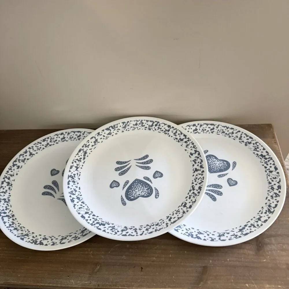 Set of 3 Corelle BLUE HEARTS Dinner Plates Cottagecore Shabby Chic